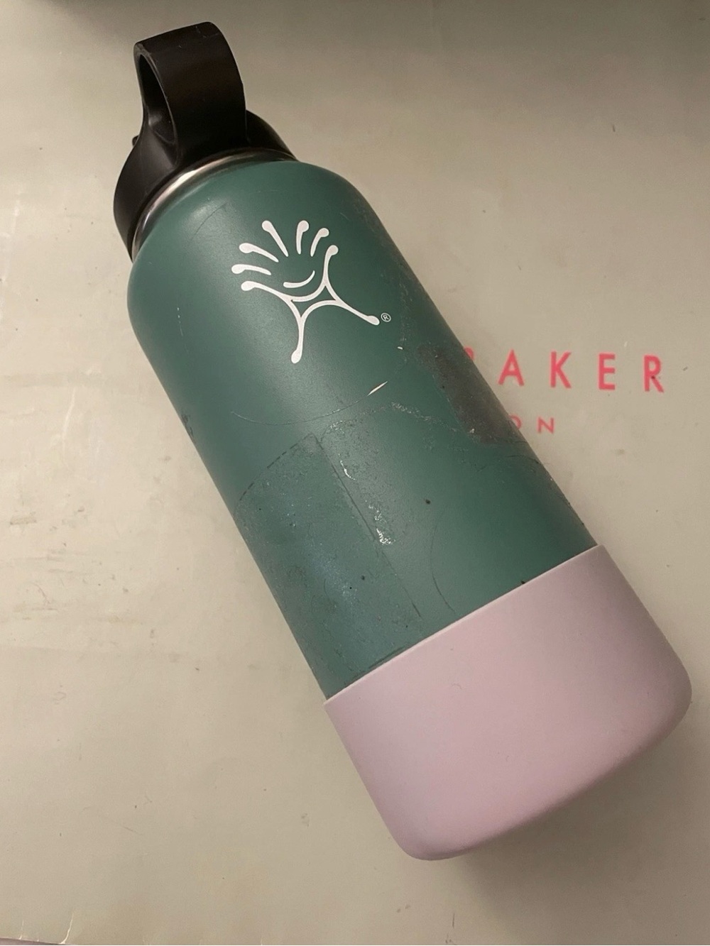 Hydro Flask Teal Bottle with Light Pink Base and Black Lid